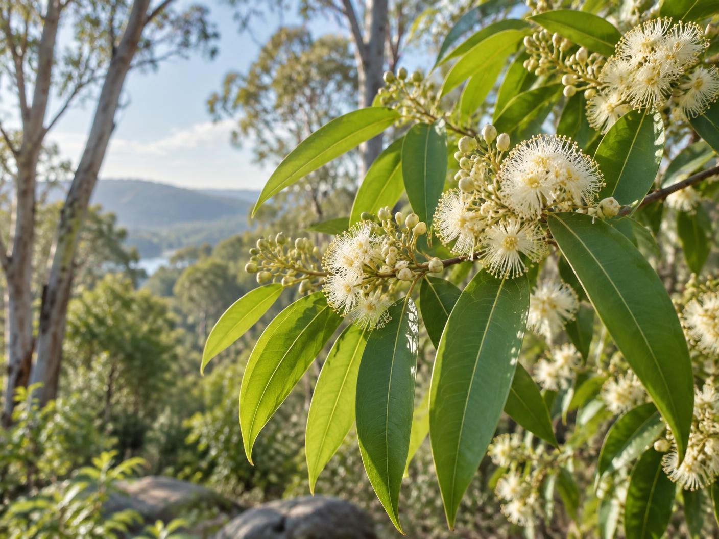Lemon myrtle leaves and cream blossoms growing in Australian bushland