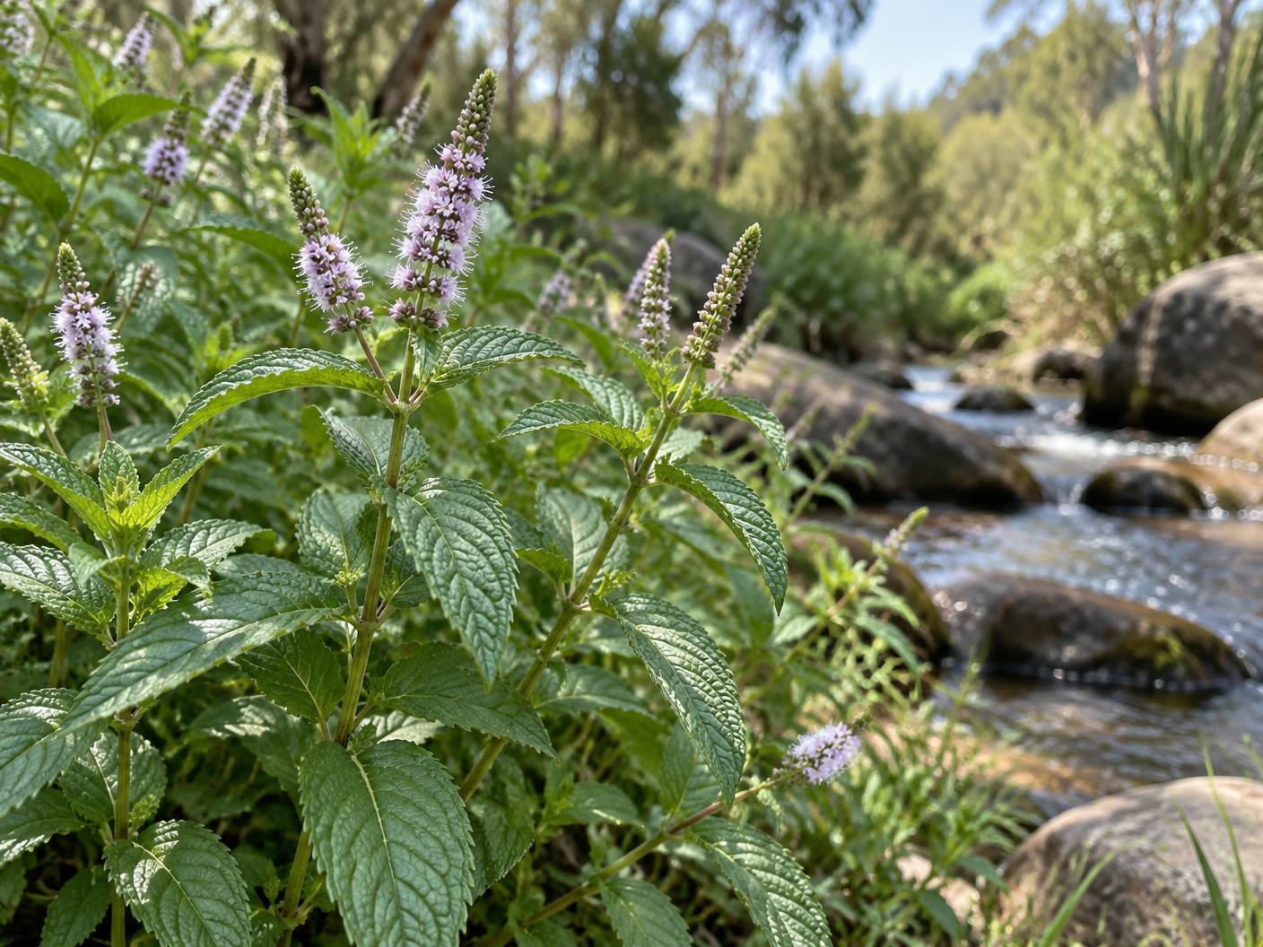 Native Australian peppermint with pale mauve flowers growing beside a creek